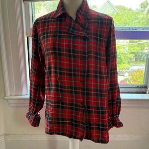 Liz Sport Vintage Double Breasted Plaid Tartan Blouse